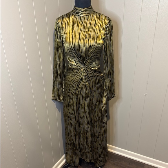 Green & Black Mock Neck Animal Print Silky Pleated Long Sleeve Cocktail Maxi XS - Picture 1 of 5